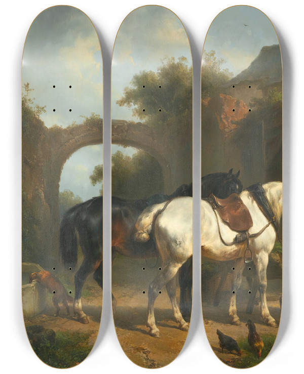 Triptych art skateboard deck of Wouterus Verschuur Sportsmen Resting Outside An Inn by Wouterus Verschuur (1812-1874)
