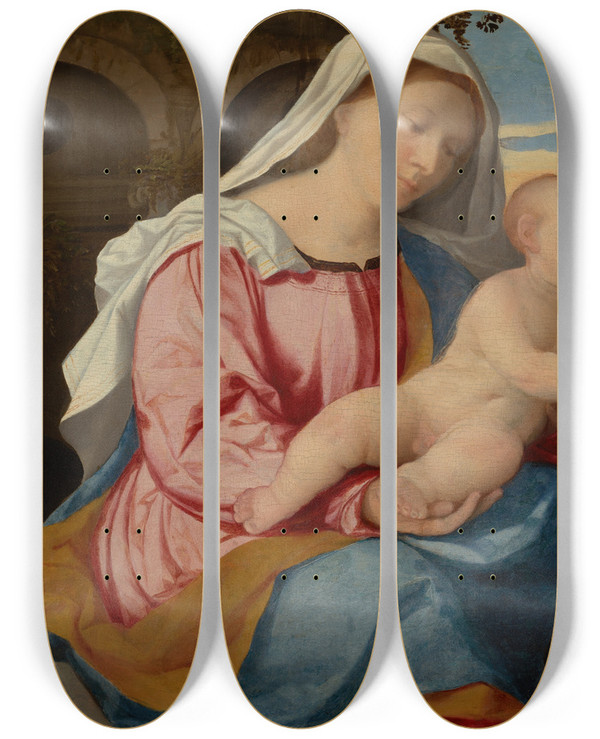 Triptych art skateboard deck of Jacopo Palma Il Vecchio The Holy Family by Jacopo Palma Il Vecchio (1480-1528)