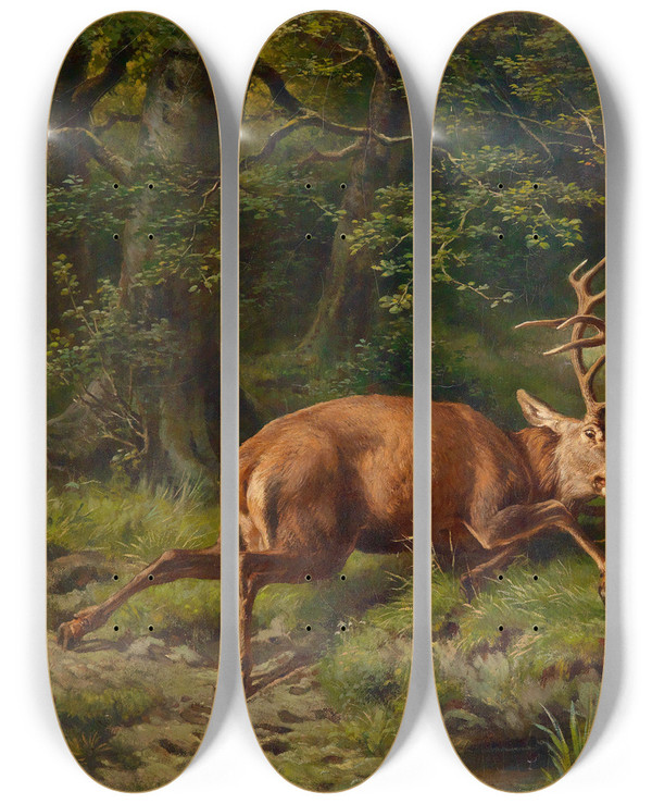 Triptych art skateboard deck of Franz Xaver Von Pausinger Kmpfende Hirsche by Franz Xaver von Pausinger (1839-1915)