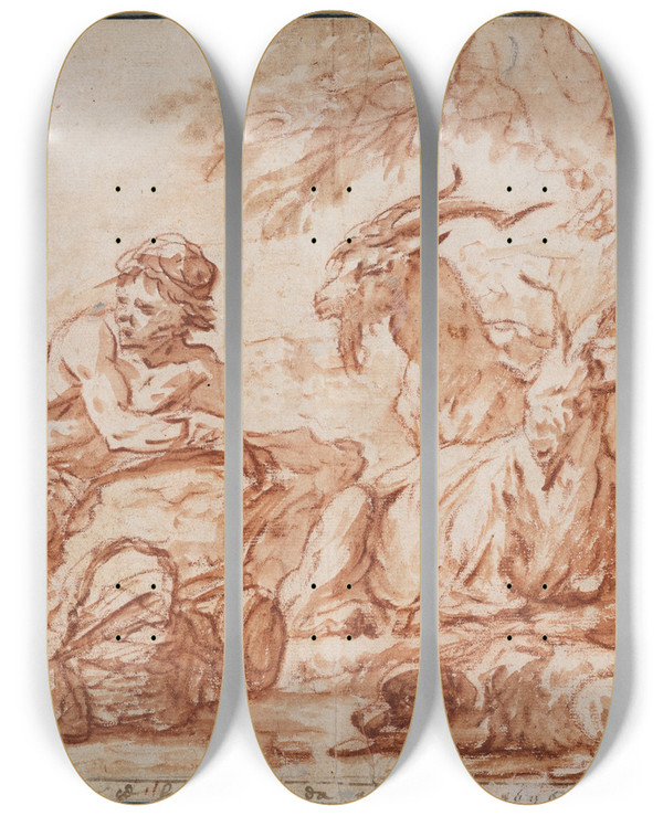 Triptych art skateboard deck of Philipp Peter Roos Pastoral Scene A Herdsman And His Family With Goats by Philipp Peter Roos (1657-1706)