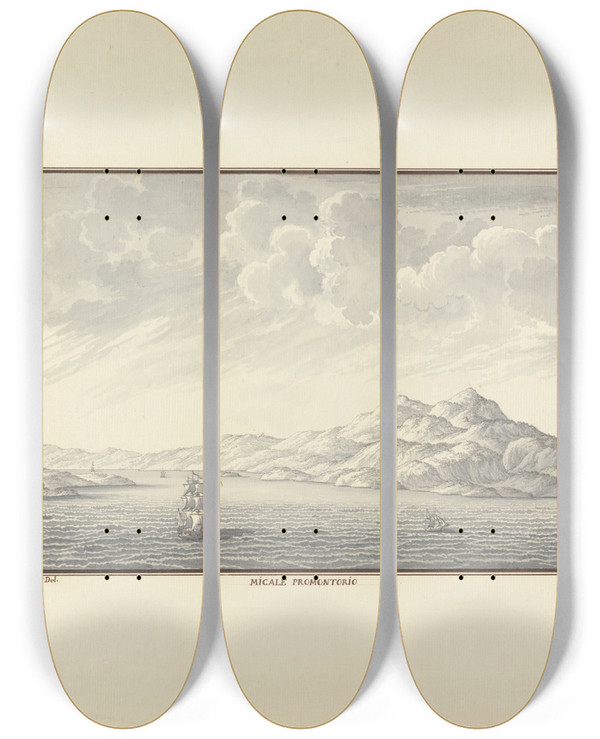 Triptych art skateboard deck of Giovanni Battista Borra View Of Micale Promontorio by Giovanni Battista Borra (1713-1770)