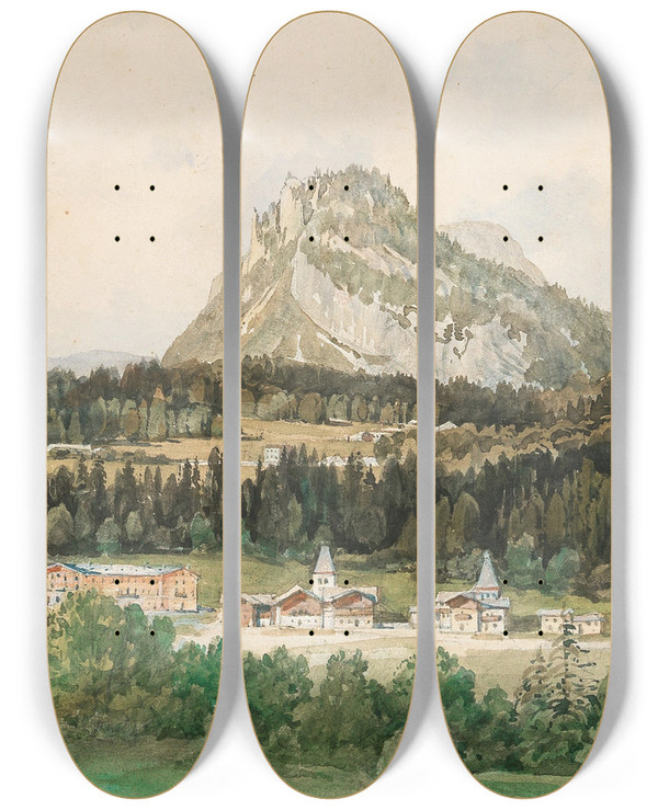 Triptych art skateboard deck of Thomas Ender A View Of Bad Aussee With Loser Mountain by Thomas Ender (1793-1875)