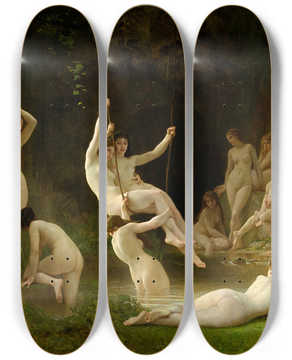 Triptych art skateboard deck of William Bouguereau Nymphaeum by William Bouguereau (1825-1905)