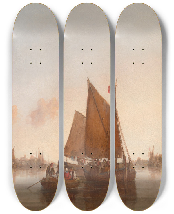 Triptych art skateboard deck of John Berney Crome Sailing Boats And Barges On A Dutch Estuary by John Berney Crome