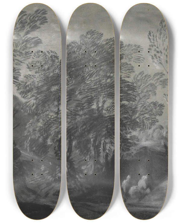 Triptych art skateboard deck of Thomas Gainsborough Wooded Landscape With Figures And Houses On The Hill by Thomas Gainsborough (1727-1788)