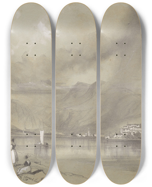 Triptych art skateboard deck of Edward Lear Isola Bella Lago Maggiore by Edward Lear (1812-1888)