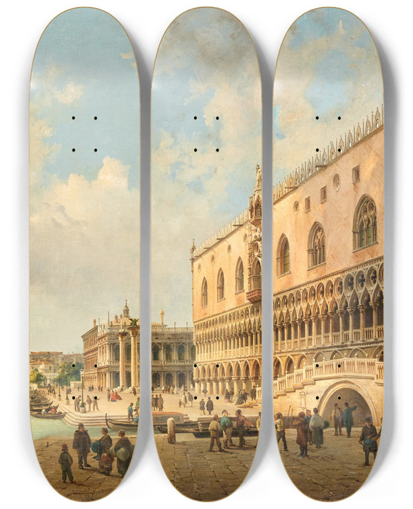 Triptych art skateboard deck of Luigi Querena The Doges Palace The Piazzetta And The Biblioteca In Venice With Santa Maria Della Salute Beyond by Luigi Querena (1820-1887)