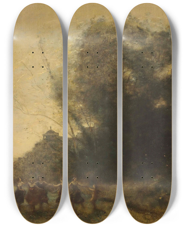 Triptych art skateboard deck of Jeanbaptistecamille Corot Ronde De Nymphes by Jean-Baptiste-Camille Corot (1796-1875)