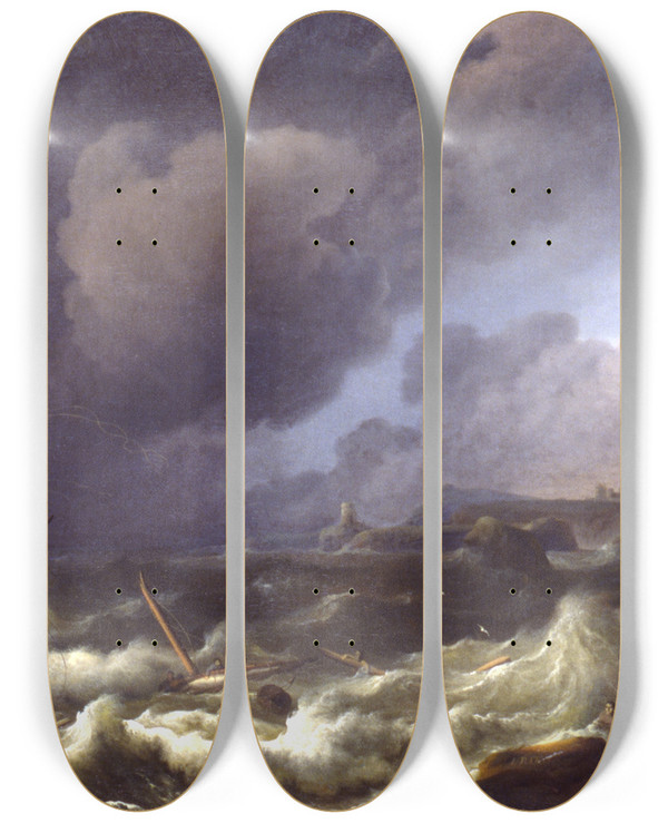 Triptych art skateboard deck of Follower Of Ludolf Backhuysen The Storm_1 by Follower Of Ludolf Backhuysen (1630-1708)