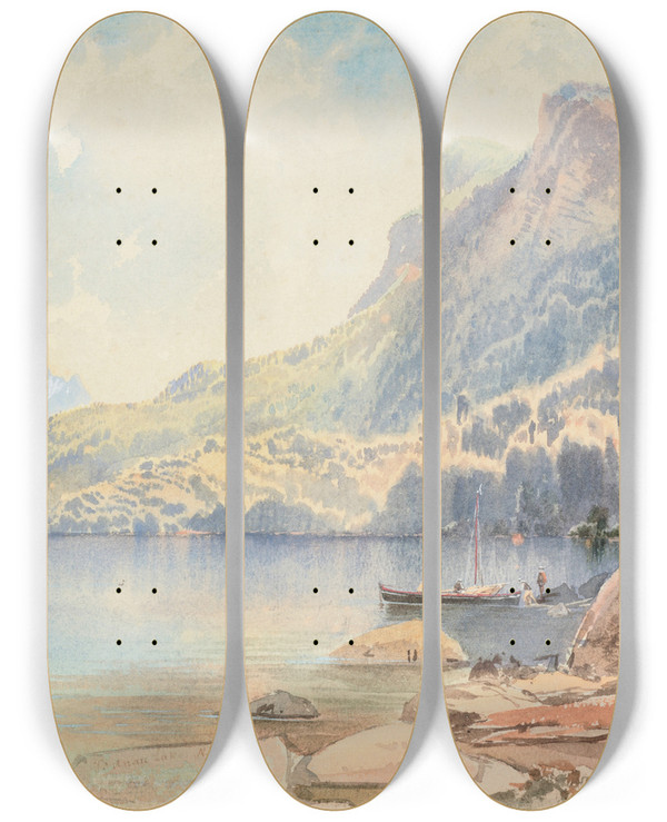 Triptych art skateboard deck of Nicholas Chevalier Te Anau Lake Nz by Nicholas Chevalier (1828-1902)