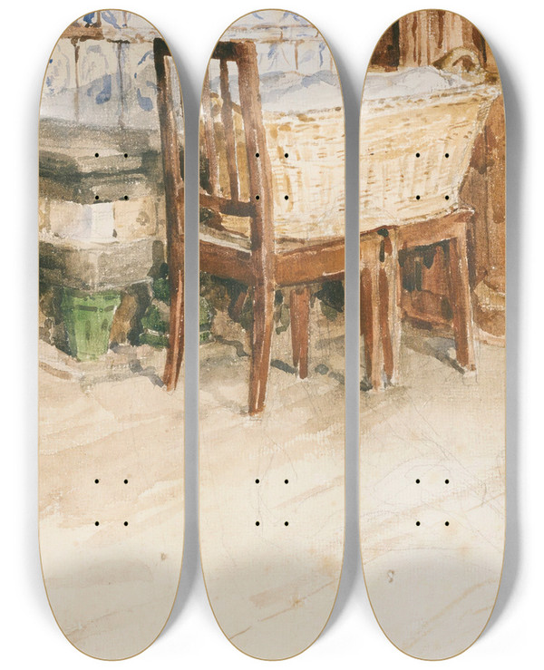 Triptych art skateboard deck of Albert Anker Living Room Corner With Laundry Basket by Albert Anker (1831-1910)