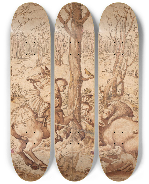 Triptych art skateboard deck of Bernard Van Orley Vildsvinejagten by Bernard Van Orley (1492-1542)