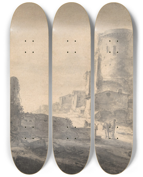 Triptych art skateboard deck of Thomas Wijck Landscape With A Tower by Thomas Wijck (1616-1677)