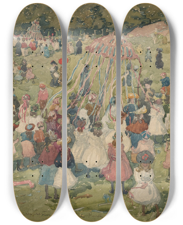 Triptych art skateboard deck of Maurice Prendergast May Day Central Park by Maurice Prendergast (1858-1924)