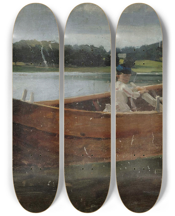Triptych art skateboard deck of Albert Edelfelt The Artists Sister Berta In A Rowing Boat Study by Albert Edelfelt (1854-1905)