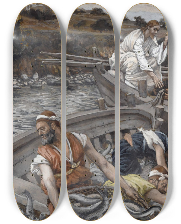 Triptych art skateboard deck of James Tissot The Miraculous Draught Of Fishes by James Tissot (1836-1902)