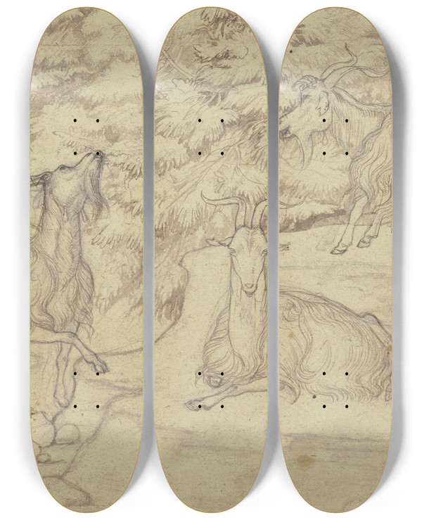 Triptych art skateboard deck of Franz Theobald Horny Grazing Goats by Franz Theobald Horny (1798-1824)