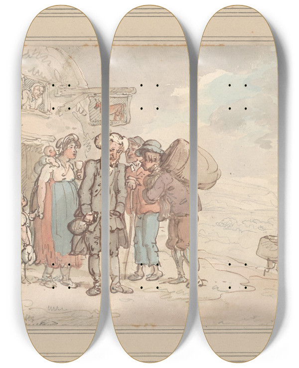 Triptych art skateboard deck of Thomas Rowlandson The Charitable Vicar by Thomas Rowlandson (1756-1827)
