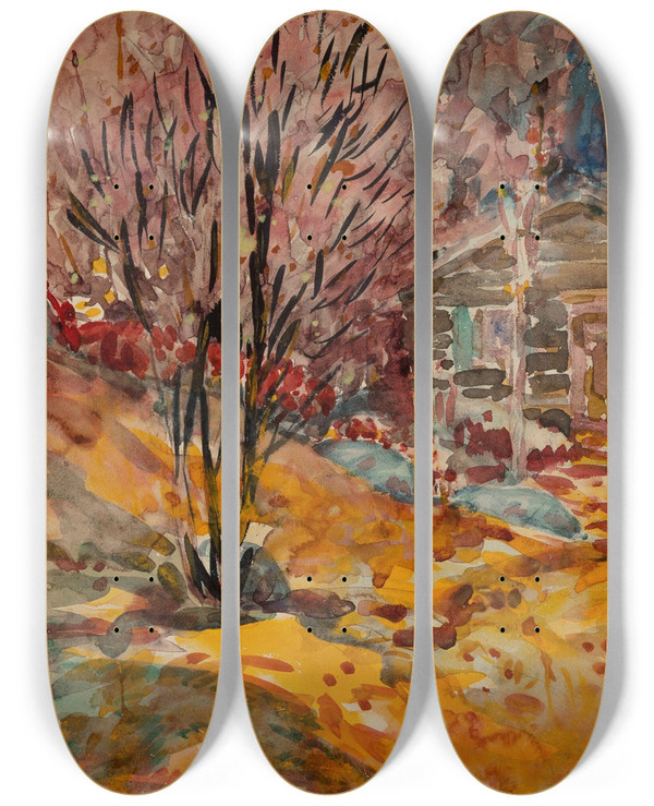 Triptych art skateboard deck of George Luks Autumn Landscape by George Luks (1866-1933)