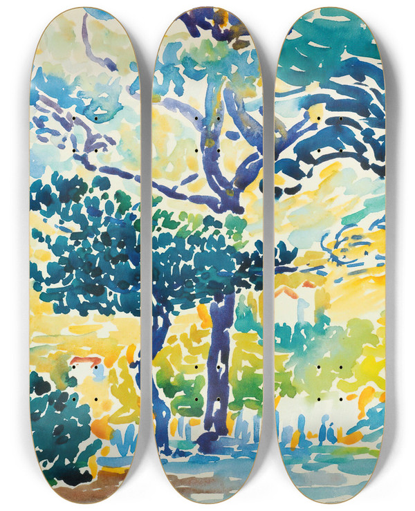 Triptych art skateboard deck of Henriedmond Cross Paysage Provenal by Henri-Edmond Cross (1856-1910)