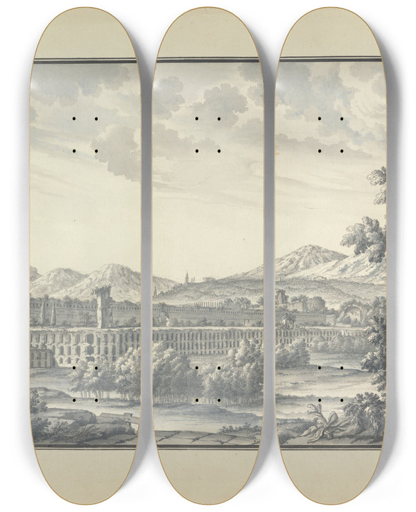 Triptych art skateboard deck of Giovanni Battista Borra View Of Ruins At Tivoli by Giovanni Battista Borra (1713-1770)