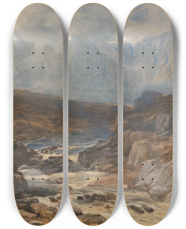Triptych art skateboard deck of David Cox Jnr Welsh Mountain Stream by David Cox Jnr (1809-1885)