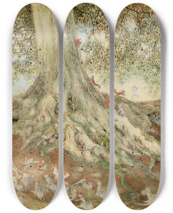 Triptych art skateboard deck of Richard Doyle Elves In A Rabbit Warren by Richard Doyle (1824-1883)