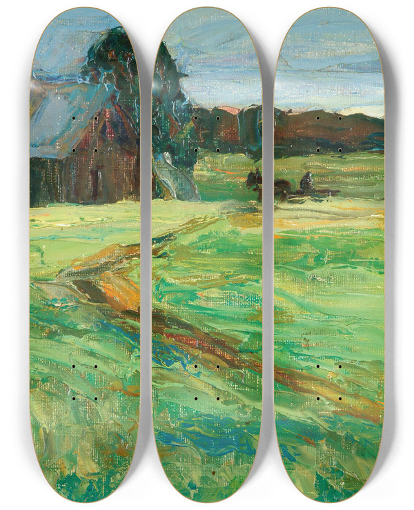 Triptych art skateboard deck of Wassily Kandinsky Vasilevsko Barn With Pony by Wassily Kandinsky (1866-1944)
