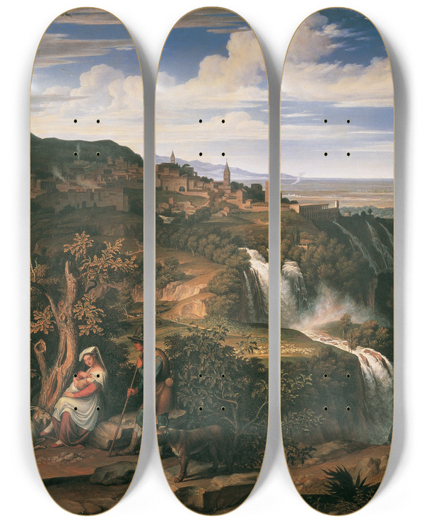 Triptych art skateboard deck of Joseph Anton Koch Die Wasserflle Von Tivoli Bei Rom by Joseph Anton Koch (1768-1839)