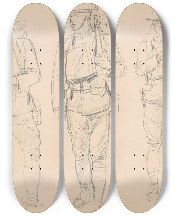 Triptych art skateboard deck of John Singer Sargent Studies For Entering The War Recto by John Singer Sargent (1856-1925)