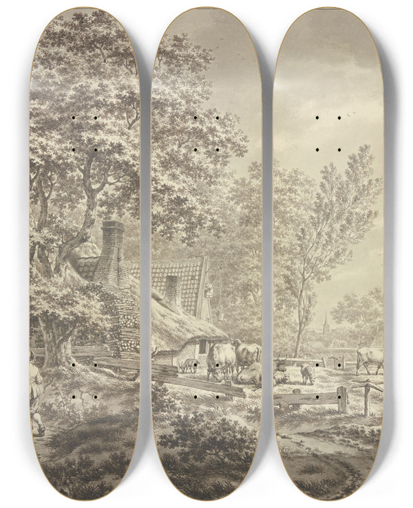 Triptych art skateboard deck of Jacob Cats Bauernhof Im Wald Mit Vielem Vieh In Der Ferne Ein Heuwagen Rechts Ein Pferd by Jacob Cats (1741-1799)