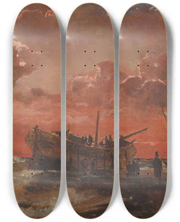 Triptych art skateboard deck of Carl Frederik Srensen A Wreck On The West Coast Of Jutland At Sunset by Carl Frederik Sorensen (1818-1879)