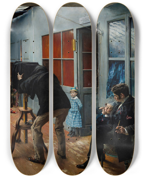 Triptych art skateboard deck of Pascaladolphejean Dagnanbouveret Wedding In The Photographers Studio by Pascal-Adolphe-Jean Dagnan-Bouveret (1852-1929)