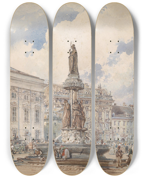 Triptych art skateboard deck of Rudolf Von Alt Freyung Mit Austriabrunnen by Rudolf Von Alt (1812-1905)