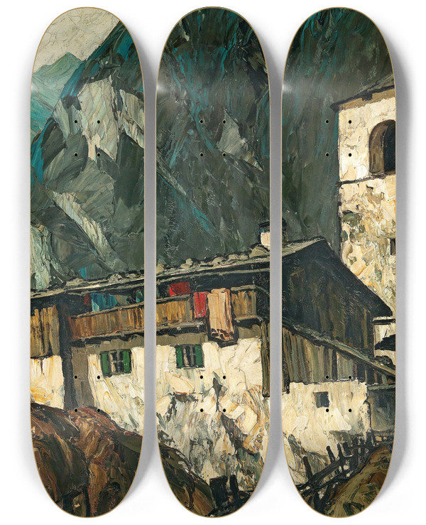 Triptych art skateboard deck of Oskar Mulley Mountain Church And Farm by Oskar Mulley (1891-1949)
