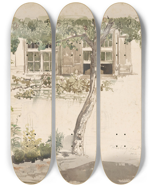 Triptych art skateboard deck of August Alleb Herberg De Roskam Te Dongen by August Allebe (1838-1927)