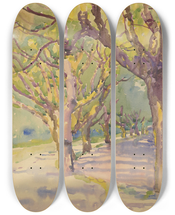 Triptych art skateboard deck of Philipp Franck Avenue Of Plane Trees by Philipp Franck (1860-1944)