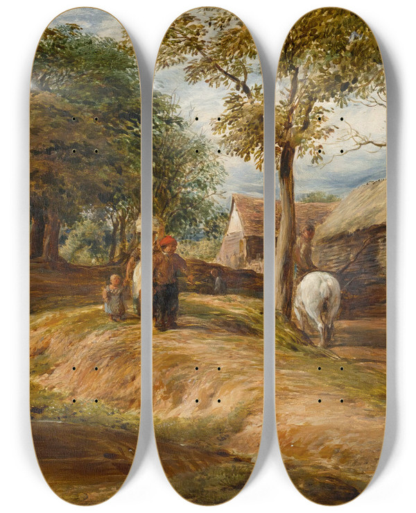 Triptych art skateboard deck of John Linnell A View Near Hampstead by John Linnell (1792-1882)
