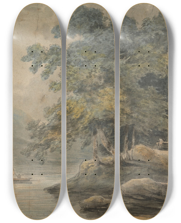 Triptych art skateboard deck of Francis Nicholson River Scene by Francis Nicholson (1753-1844)
