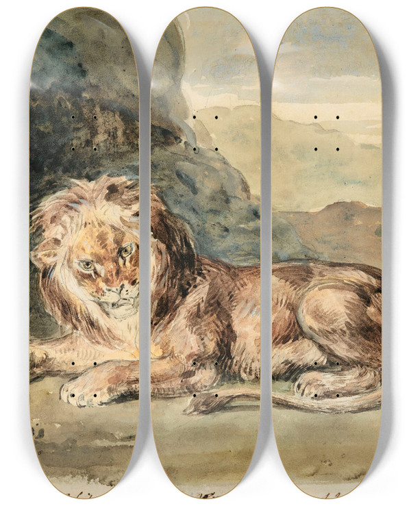 Triptych art skateboard deck of Eugne Delacroix Lying Lionin A Landscape by Eugene Delacroix (1798-1863)