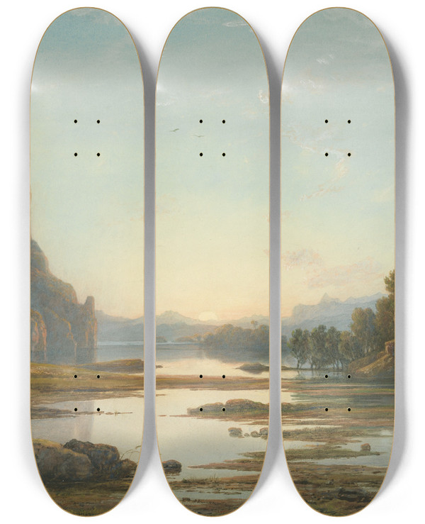 Triptych art skateboard deck of Francis Danby Sunset Over A River Landscape by Francis Danby (1793-1861)