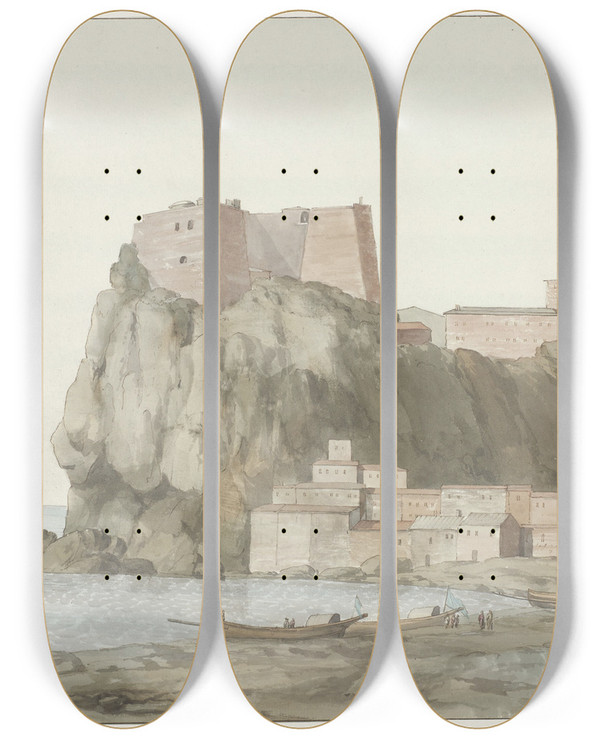 Triptych art skateboard deck of Abrahamlouisrodolphe Ducros Rots En Stad Scilla In De Regio Calabri Aan De Westkust by Abraham-Louis-Rodolphe Ducros (1748-1810)