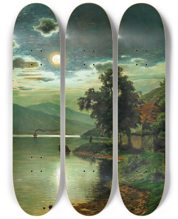 Triptych art skateboard deck of Fritz Chwala A Moonlit Night On A Lake by Fritz Chwala (1872-1936)