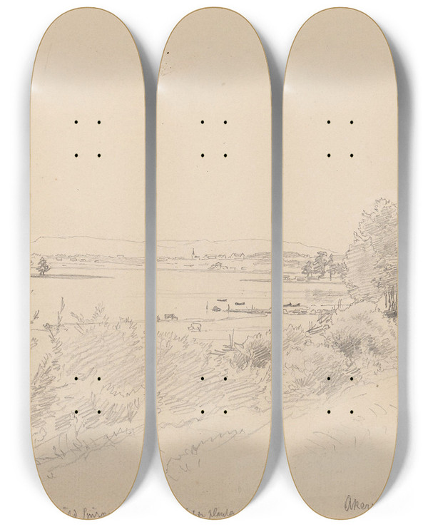Triptych art skateboard deck of Hans Gude Fra Kersvika Ved Hamar by Hans Gude (1825-1903)