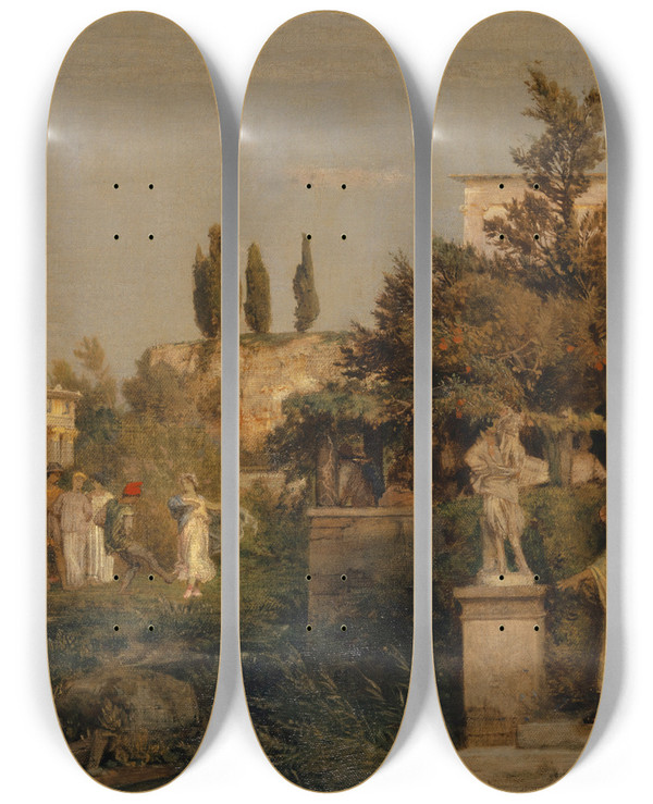 Triptych art skateboard deck of Arnold Bcklin Ancient Roman Tavern by Arnold Bocklin (1827-1901)