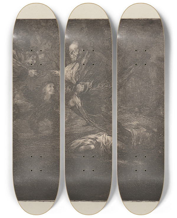Triptych art skateboard deck of Francisco De Goya God Creates Them And They Join Up Together Dios Los Cria Y Ellos Se Juntan by Francisco de Goya (1746-1828)