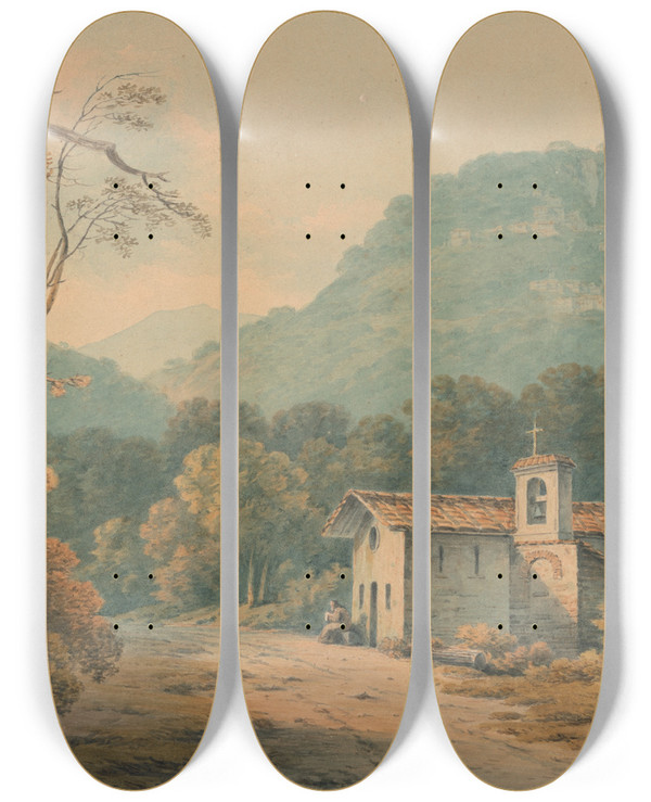 Triptych art skateboard deck of John Warwick Smith The Hermitage At Frascati by John Warwick Smith (1749-1831)