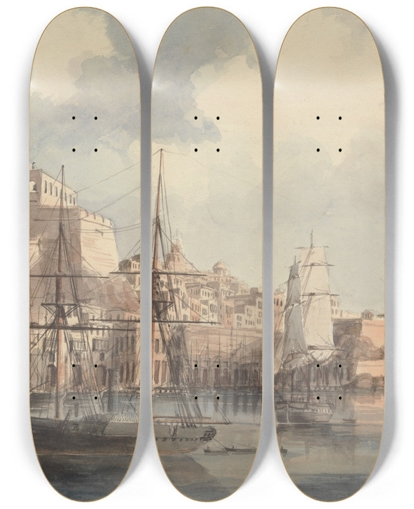Triptych art skateboard deck of Charles Dyce View At Malta by Charles Dyce (1816-1853)