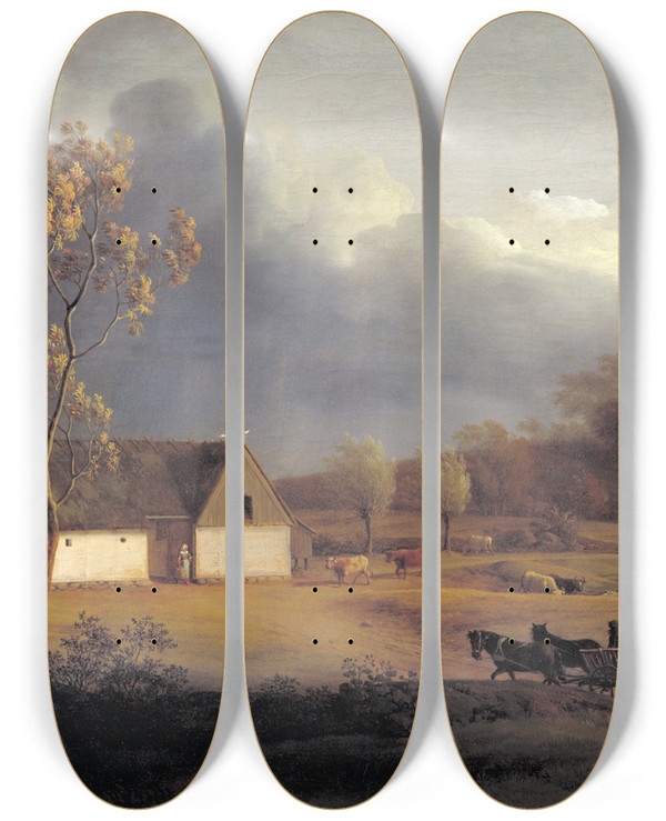Triptych art skateboard deck of Jens Juel A Storm Brewing Behind A Farmhouse In Zealand by Jens Juel (1745-1802)