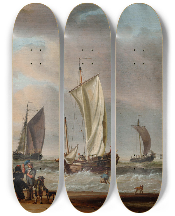 Triptych art skateboard deck of Abraham Storck Beach View by Abraham Storck (1644-1708)